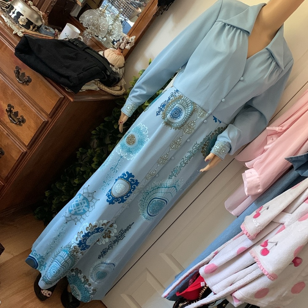 Alfred Shaheen vintage 70s blue maxi dress L - Picture 8 of 13
